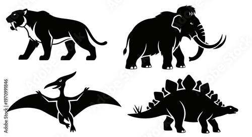 Prehistoric Animals Silhouettes Set - Extinct Creatures Vector Illustration