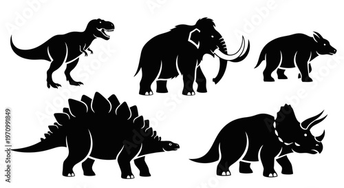 Prehistoric Animals Silhouettes Set - Dinosaurs, Mammoth, and Ancient Mammals Vector Illustration