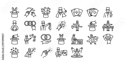 icon liner collection of magic show elements including magicians, rabbits in hats, playing cards, levitation, crystal balls, and mysterious stage performances.