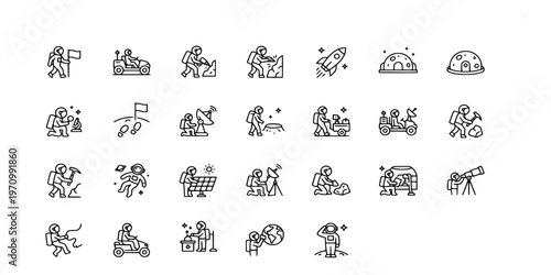 icon liner collection of astronauts performing space missions, driving rovers, planting flags, using telescopes, and conducting scientific research on lunar surfaces.