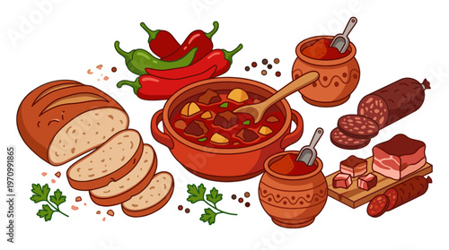A vibrant cartoon illustration depicts a traditional Hungarian goulash stew with bread, sausage, and chili peppers, perfect for food blogs or culinary promotions.