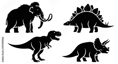 Prehistoric Animals Silhouettes: Mammoth, T-Rex, Stegosaurus, and Triceratops Icons