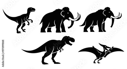 Prehistoric Animals Silhouettes Set - Dinosaurs and Mammoths Vector Icons Collection