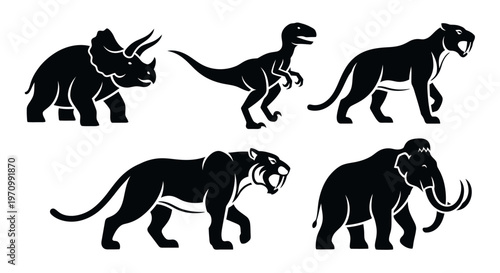 Prehistoric Animals Silhouettes Set: Dinosaur, Saber-toothed Tiger, and Woolly Mammoth Icons
