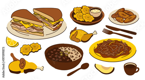 A vibrant, flat illustration showcases a collection of popular Cuban dishes including a sandwich, plantains, rice and beans, and a roasted chicken.