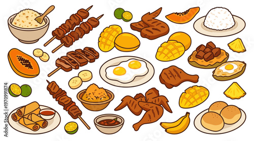 A vibrant flat illustration of assorted Filipino dishes and fruits including rice, skewers, fried eggs, spring rolls, chicken wings, papaya, mango, banana, and bread rolls.
