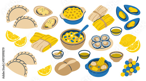 A vibrant, flat illustration showcasing a diverse collection of food items arranged on a clean white background, including empanadas, tamales, corn, seafood, and fruit.