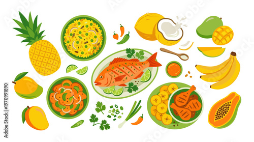 A vibrant flat illustration showcases a delicious assortment of tropical foods including fish, fruits, and side dishes, perfect for culinary or travel themes.