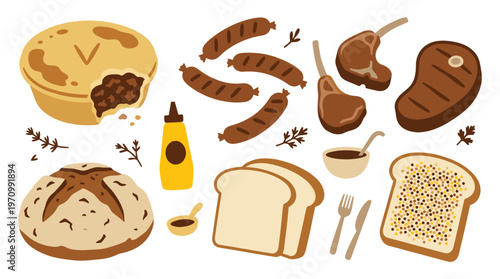 A charming flat illustration featuring various food items including a pie, sausages, steak, bread, and condiments, perfect for culinary themes and recipes.