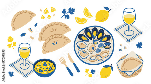 A vibrant and playful collection of hand-drawn food illustrations featuring empanadas, seafood, and drinks, perfect for culinary themes.