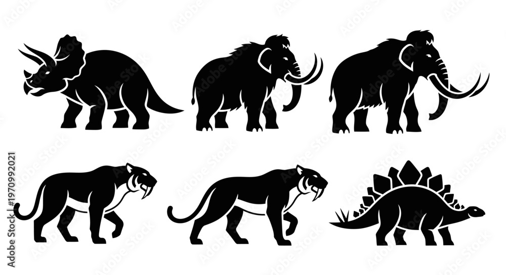 Fototapeta premium Prehistoric Animals Silhouettes Set: Dinosaurs, Mammoths, Saber-toothed Tigers Icons