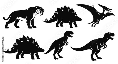 Prehistoric Animals Silhouettes Set: Dinosaurs, Saber-toothed Tiger, and Pterodactyl Icons