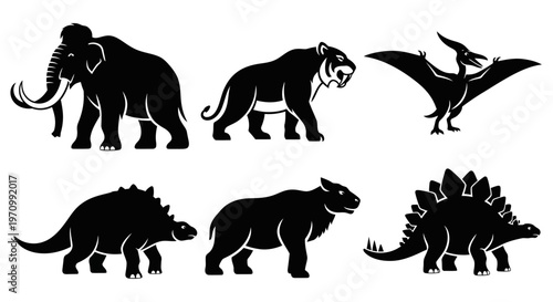 Prehistoric Animals Silhouettes Set: Extinct Mammals and Dinosaurs Collection