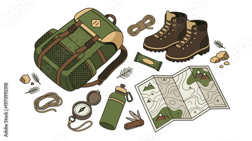 A collection of illustrated hiking gear including a green backpack, brown boots, map, compass, water bottle, rope, and knife against a white background.