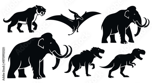Prehistoric Animals Silhouettes Set: Mammoth, Dinosaur, Saber-toothed Tiger, Pterodactyl
