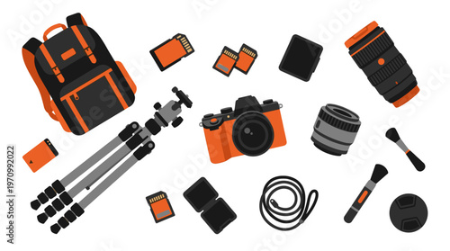A vibrant flat lay illustration of essential photography equipment including a camera, lenses, tripod, memory cards, backpack, and cleaning brush.