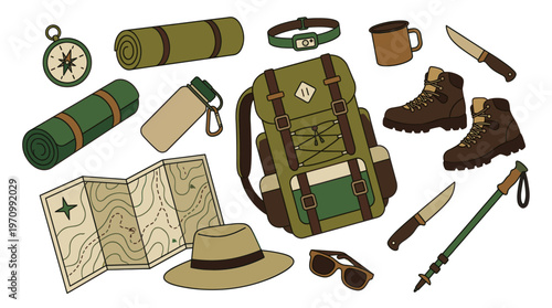 A flat lay illustration of outdoor adventure equipment including a backpack, boots, map, compass, sleeping bags, and trekking poles on a white background.
