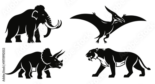 Prehistoric Animals Silhouettes Set: Mammoth, Pterodactyl, Triceratops, Saber-toothed Tiger