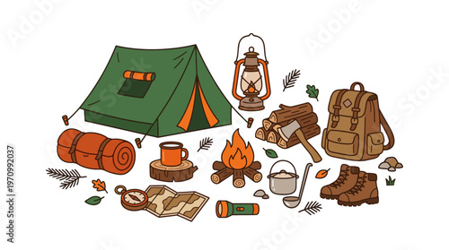 A charming flat illustration of camping essentials like a tent, sleeping bag, backpack, campfire, and hiking boots, perfect for adventure themes.