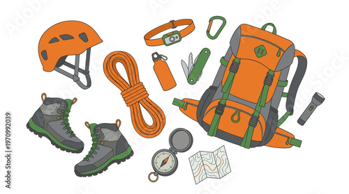 Collection of outdoor adventure gear including a backpack, boots, rope, compass, and map arranged on a white background for illustrative purposes.
