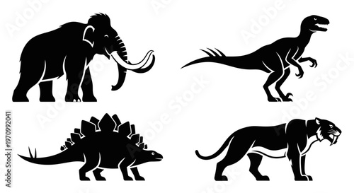 Prehistoric Animals Silhouettes Set: Mammoth, Velociraptor, Stegosaurus, Saber Tooth Tiger Icons