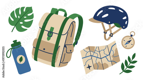 A collection of flat design illustrations featuring camping backpack, water bottle, helmet, map, compass and tropical leaf for outdoor adventures.