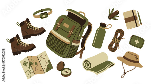 A flat lay illustration of various essential camping and hiking items including a backpack, boots, map, compass, and hat, set against a white background.
