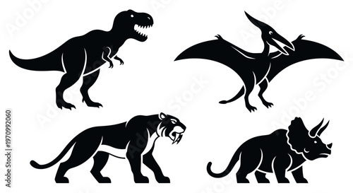 Prehistoric Animals Silhouettes Set: T-Rex, Pterodactyl, Saber-tooth Tiger, Triceratops Icons