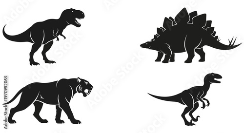 Prehistoric Animals Silhouettes Set: T-Rex, Stegosaurus, Velociraptor, and Saber-toothed Tiger