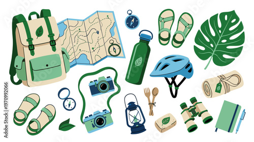 A colorful flat design illustration of camping and outdoor adventure gear, including a backpack, map, compass, water bottle, and more, perfect for travel themes.