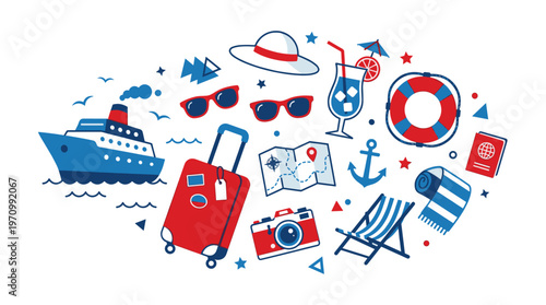 A collection of summer vacation and travel icons in red, white, and blue, including a cruise ship, suitcase, passport, and beach chair, perfect for holiday themes.