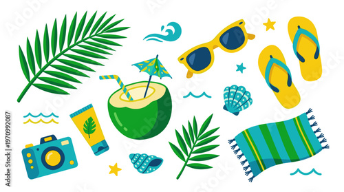 A vibrant flat design illustration featuring essential summer beach vacation items like sunglasses, flip-flops, coconut drink, camera, sunscreen, palm leaves, and striped towel.
