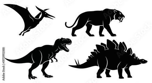 Prehistoric Animals Silhouettes Set: Tyrannosaurus Rex, Stegosaurus, Pterodactyl, Saber-toothed Tiger