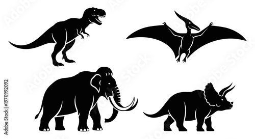 Prehistoric Animals Silhouettes Set: Tyrannosaurus Rex, Pterodactyl, Mammoth, and Triceratops Icons