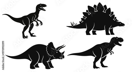 Prehistoric Dinosaur Silhouettes Set: T-Rex, Stegosaurus, Triceratops, Velociraptor Vector Art