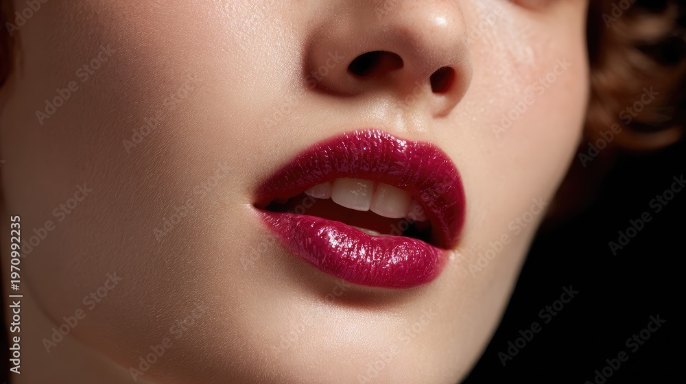 Naklejka premium Close-up of perfect lips adorned with vibrant glossy burgundy lipstick emphasizing beauty, fashion, and elegance against a dark background