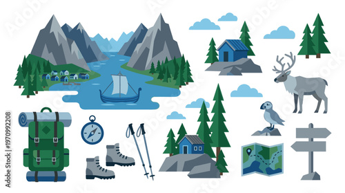 A collection of flat design icons depicting a serene Nordic landscape with mountains, a fjord, Viking ship, cabins, and wildlife, perfect for travel and adventure themes.
