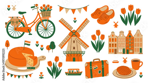 A vibrant collection of Dutch icons including windmills, tulips, clogs, cheese, and a bicycle, perfect for travel or cultural themes.