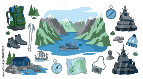 A vibrant, flat illustration showcasing various elements of a Scandinavian adventure, including a fjord, mountains, a ship, a Viking boat, and traditional buildings.