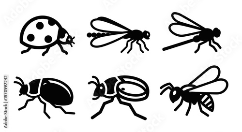 Various Insect Silhouettes Collection: Bugs, Ladybug, Dragonfly, Beetle, Bee Icons