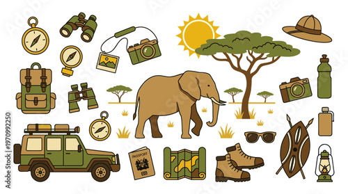 A vibrant illustration of safari travel essentials including an elephant, jeep, binoculars, camera, compass, map, and hat against a simple savanna background.