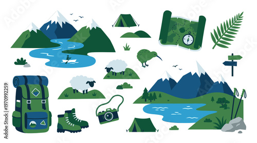 A vibrant, flat design illustration featuring various elements of outdoor adventure and nature, including mountains, lakes, a river with a boat, tents, a backpack, hiking boots, a camera, and sheep.