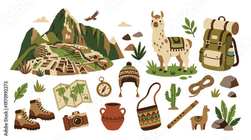 Flat design illustration featuring elements of an Andean adventure including Machu Picchu, llamas, hiking gear, and native artifacts set against a white background.