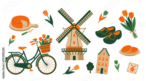 A vibrant collection of Dutch cultural symbols including a bicycle, windmill, tulips, cheese, clogs, and waffles presented in a cheerful, flat design style.