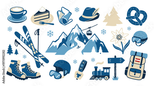 A collection of flat design icons depicting winter alpine themes including skiing equipment food mountains and travel symbols for various uses.