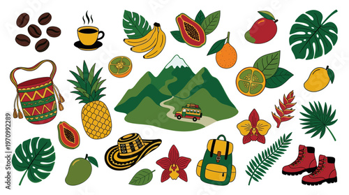 This vibrant illustration features a collection of tropical fruits, coffee, travel accessories, and a mountainous landscape with a bus, suggesting adventure and vacation themes.