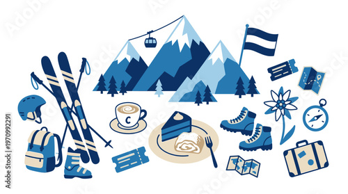 A stylized, flat design illustration showcasing winter mountain activities and travel elements including skis, boots, a cable car, and traditional treats.