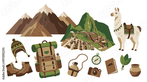 A vibrant collection of flat design icons depicts a classic Andean adventure, featuring Machu Picchu, mountains, llama, backpack, and hiking gear in earthy tones.