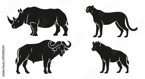 Wild African Animals Silhouettes Set: Rhino, Leopard, Buffalo, Hyena Icons