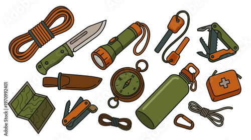 An artistic collection of essential outdoor survival gear, including a knife, compass, flashlight, first aid kit, and rope, rendered in a flat vector style with a white background.